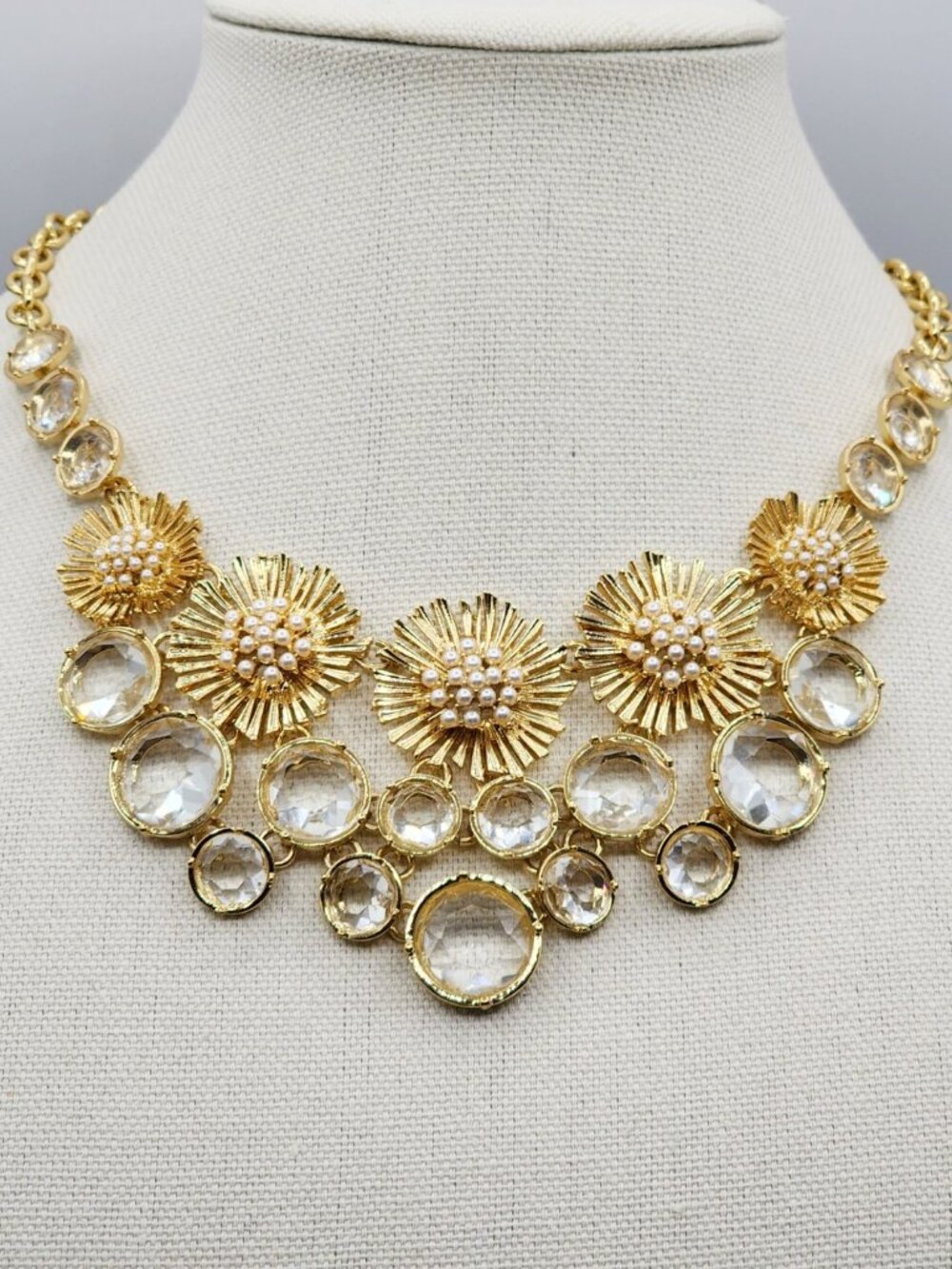 Talbots Statement Gold-Tone Faux Pearl & Crystal Floral Bib Necklace